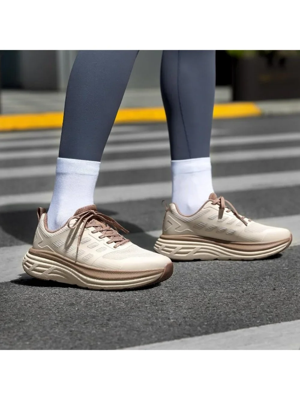 Women's Beige Walking Shoes Lace Up No Heel Round Toe Athletic Fashion Sneaker
